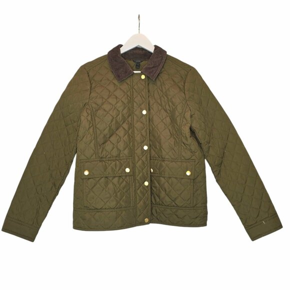 J.CREW Quilted Green Barn Jacket Corduroy Collar Gold Button Down Fill Women Med - Picture 2 of 15